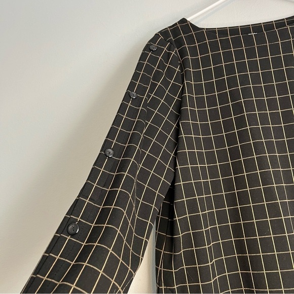J jill Ponte Knit Windowpane Top Black Camel Boatneck Button Sleeve Size M - Picture 5 of 11